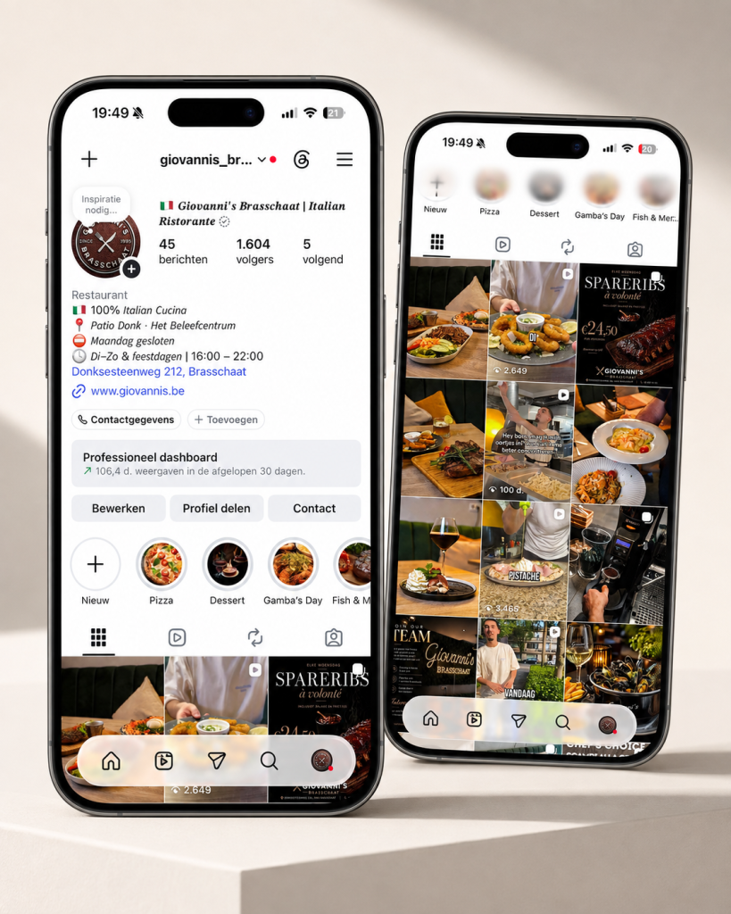 Mock-up van het Instagramprofiel van Giovanni’s Brasschaat op twee smartphones
